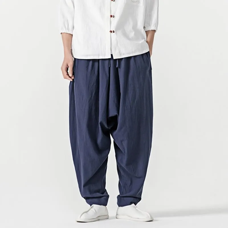 Buddha Stones Spring Solid Color Drawstring Men's Harem Pants With Pockets
