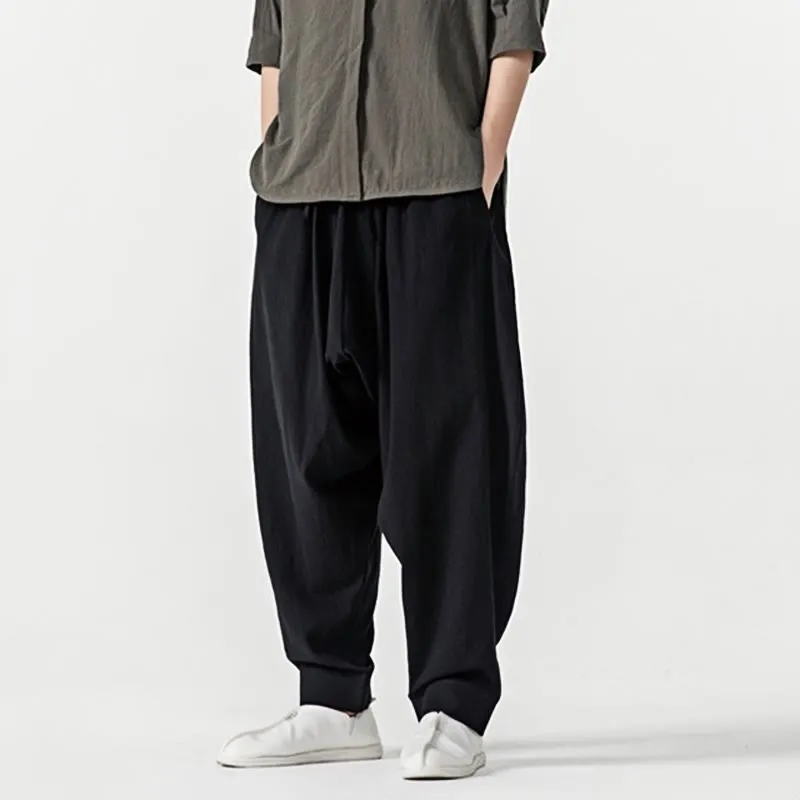 Buddha Stones Spring Solid Color Drawstring Men's Harem Pants With Pockets