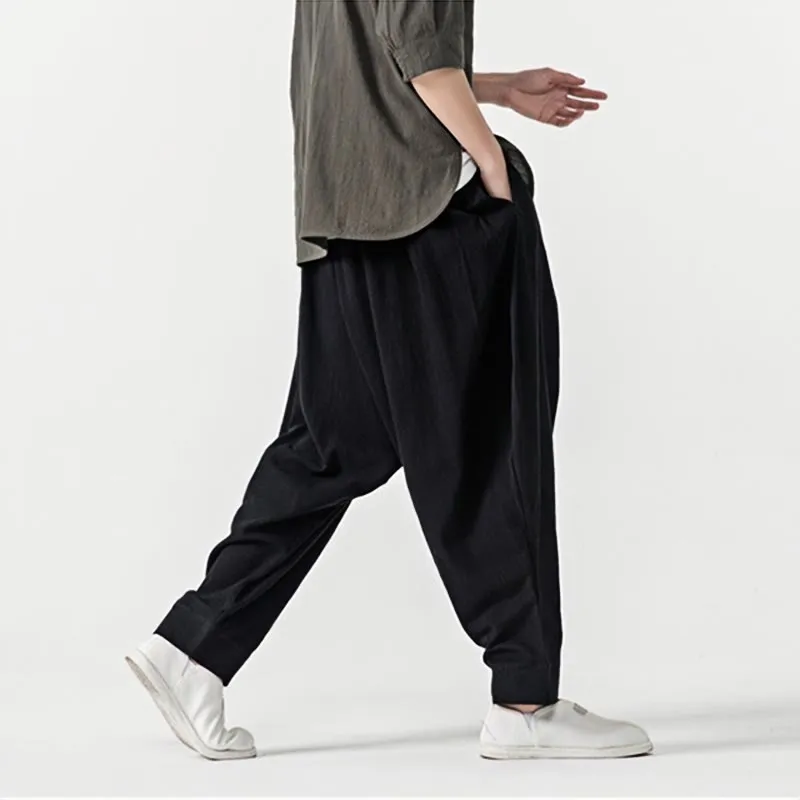 Buddha Stones Spring Solid Color Drawstring Men's Harem Pants With Pockets