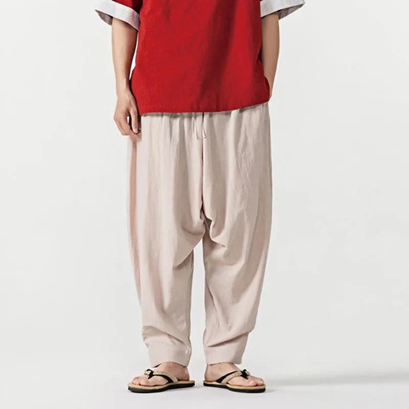 Buddha Stones Spring Solid Color Drawstring Men's Harem Pants With Pockets