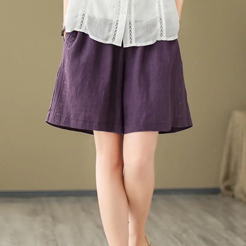 Buddha Stones Summer Casual Embroidery Pattern Cotton Linen Women's Shorts With Pockets