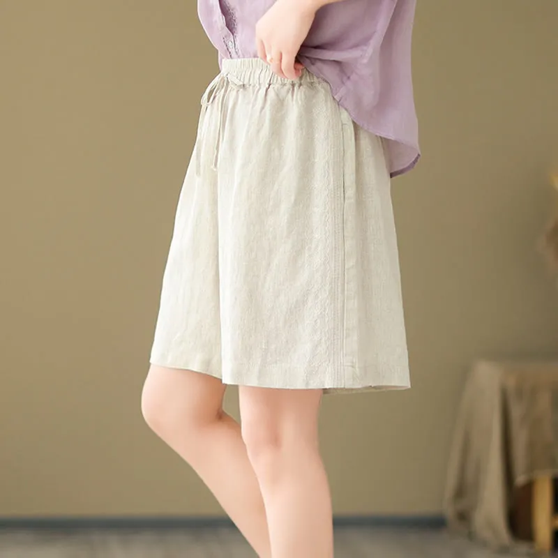 Buddha Stones Summer Casual Embroidery Pattern Cotton Linen Women's Shorts With Pockets