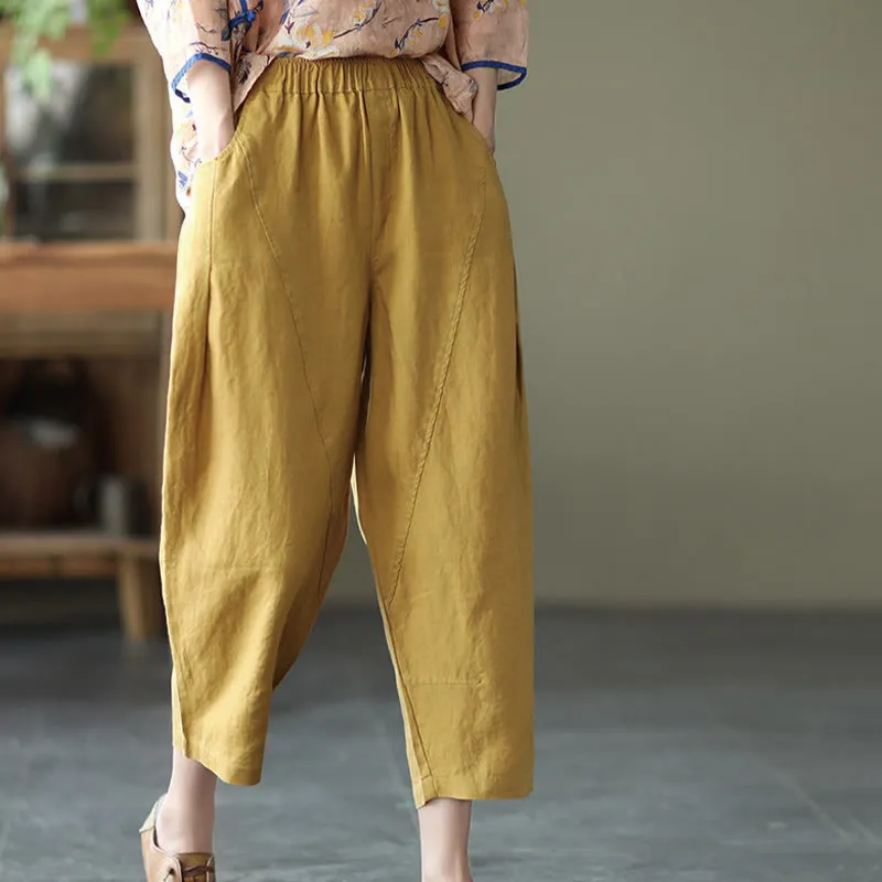 Buddha Stones Summer Casual Splicing Plain Design Cotton Linen Women's Harem Pants With Pockets