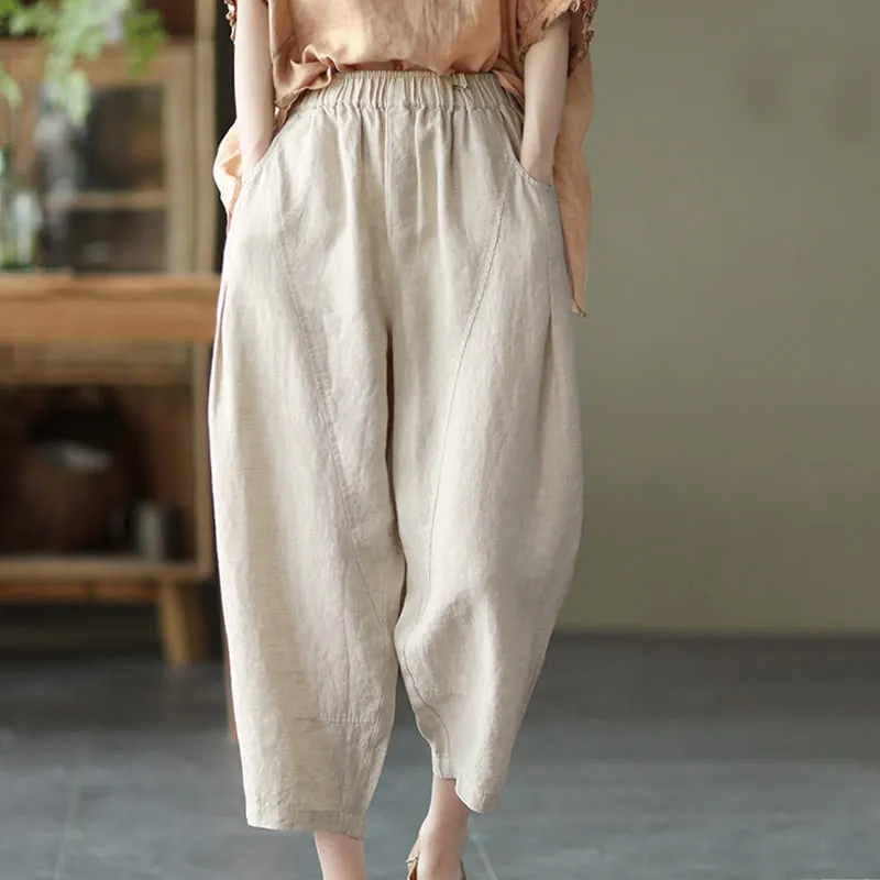 Buddha Stones Summer Casual Splicing Plain Design Cotton Linen Women's Harem Pants With Pockets