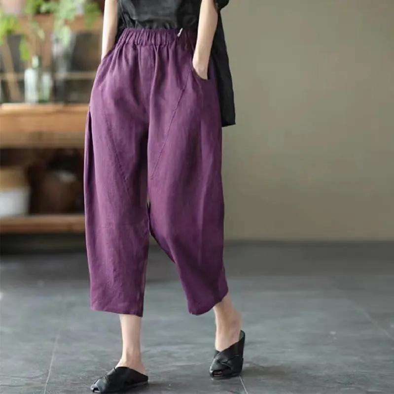 Buddha Stones Summer Casual Splicing Plain Design Cotton Linen Women's Harem Pants With Pockets