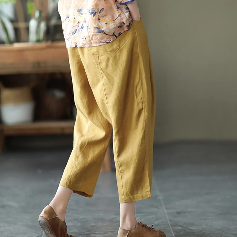 Buddha Stones Summer Casual Splicing Plain Design Cotton Linen Women's Harem Pants With Pockets