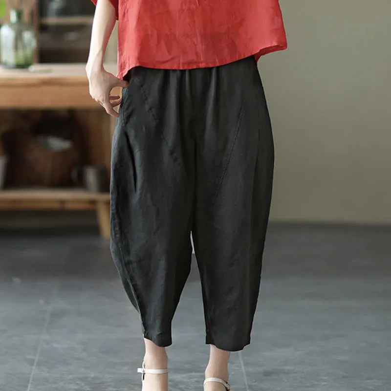 Buddha Stones Summer Casual Splicing Plain Design Cotton Linen Women's Harem Pants With Pockets