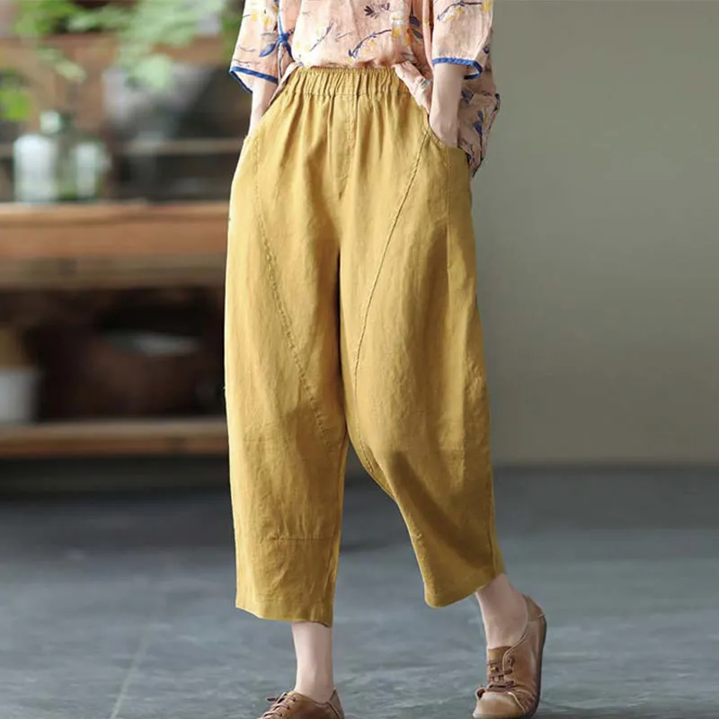 Buddha Stones Summer Casual Splicing Plain Design Cotton Linen Women's Harem Pants With Pockets