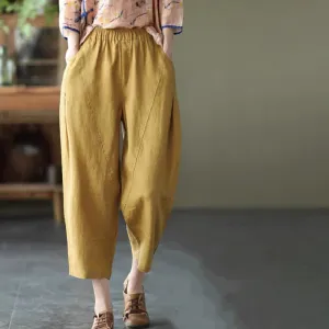 Buddha Stones Summer Casual Splicing Plain Design Cotton Linen Women's Harem Pants With Pockets