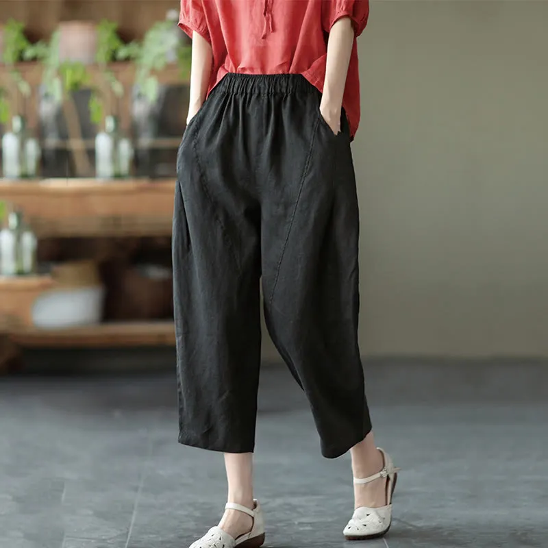 Buddha Stones Summer Casual Splicing Plain Design Cotton Linen Women's Harem Pants With Pockets