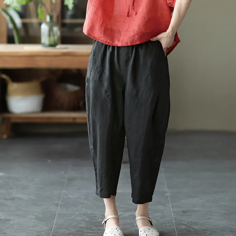 Buddha Stones Summer Casual Splicing Plain Design Cotton Linen Women's Harem Pants With Pockets