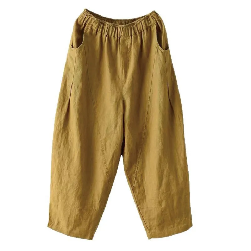 Buddha Stones Summer Casual Splicing Plain Design Cotton Linen Women's Harem Pants With Pockets