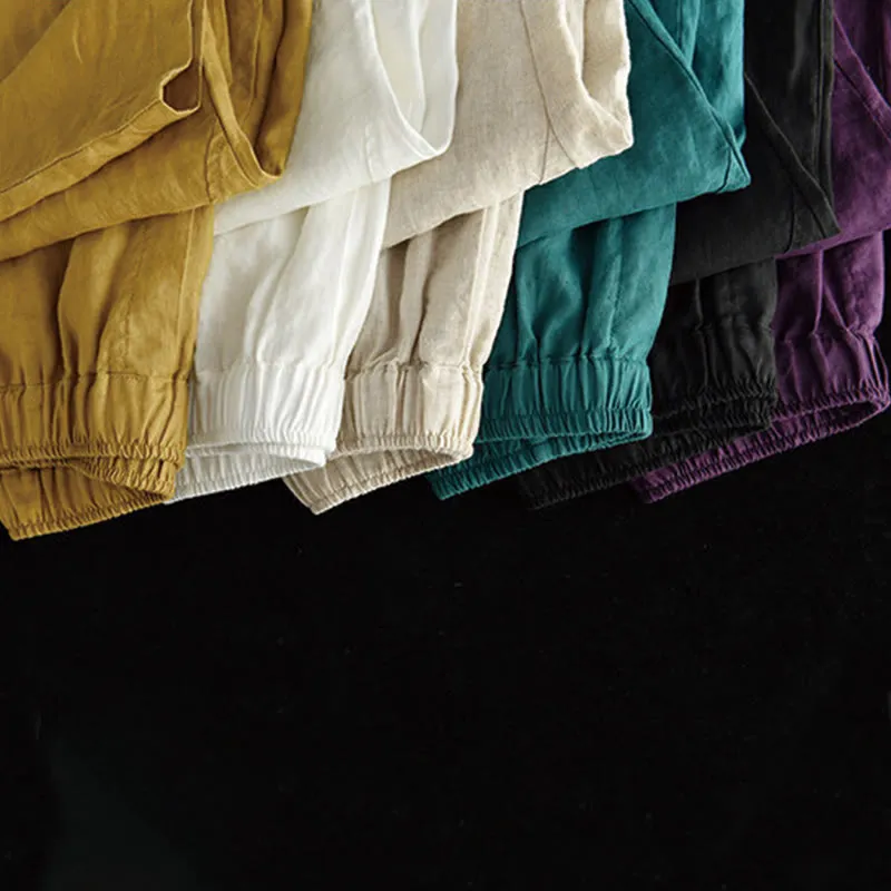 Buddha Stones Summer Casual Splicing Plain Design Cotton Linen Women's Harem Pants With Pockets