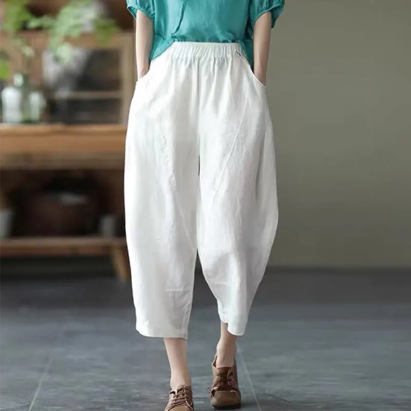 Buddha Stones Summer Casual Splicing Plain Design Cotton Linen Women's Harem Pants With Pockets