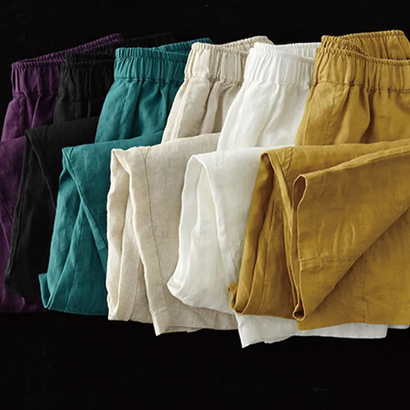 Buddha Stones Summer Casual Splicing Plain Design Cotton Linen Women's Harem Pants With Pockets