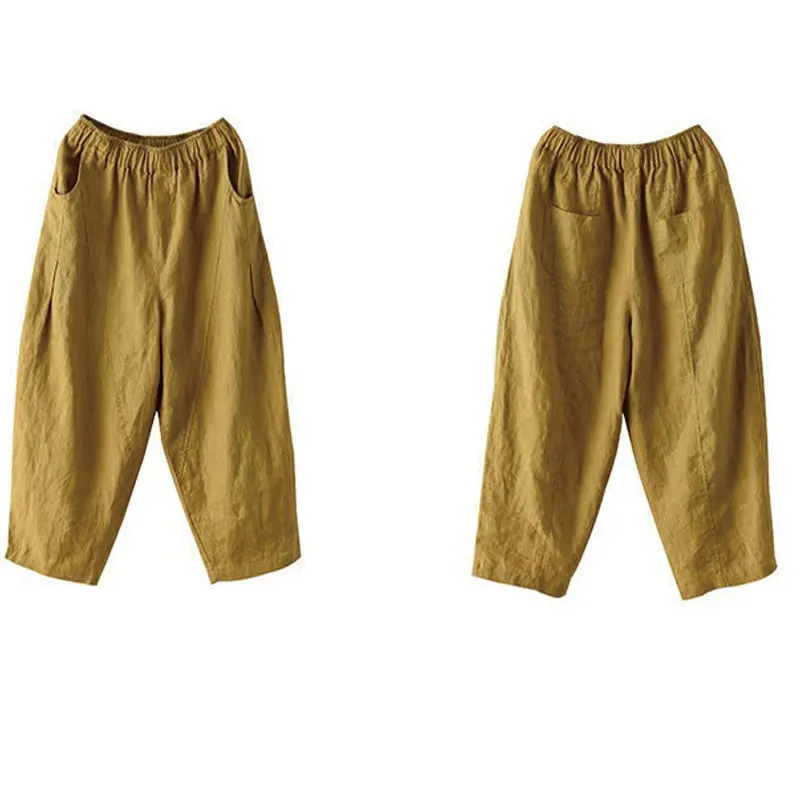 Buddha Stones Summer Casual Splicing Plain Design Cotton Linen Women's Harem Pants With Pockets