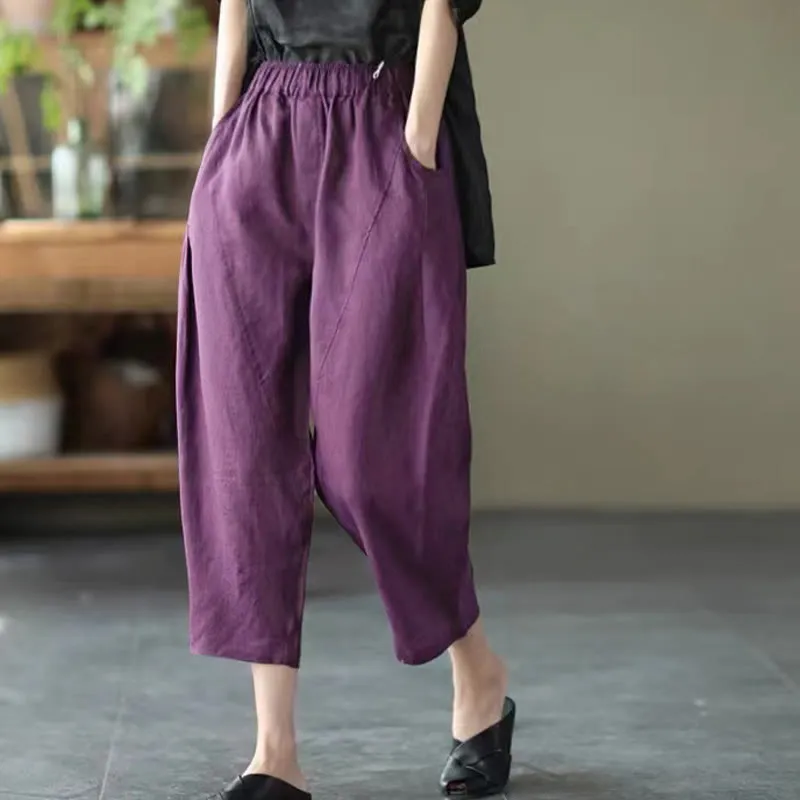 Buddha Stones Summer Casual Splicing Plain Design Cotton Linen Women's Harem Pants With Pockets