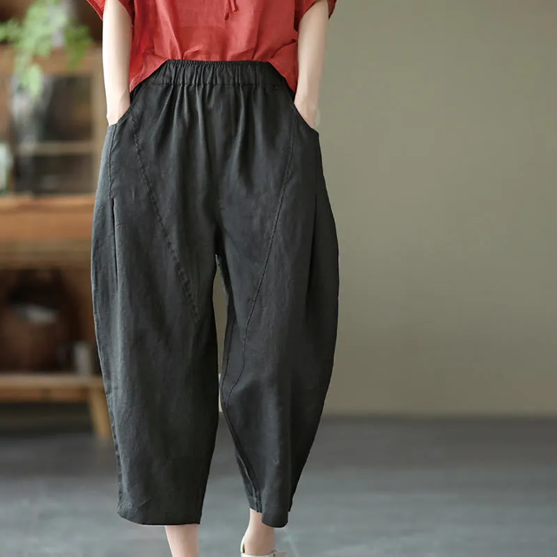 Buddha Stones Summer Casual Splicing Plain Design Cotton Linen Women's Harem Pants With Pockets