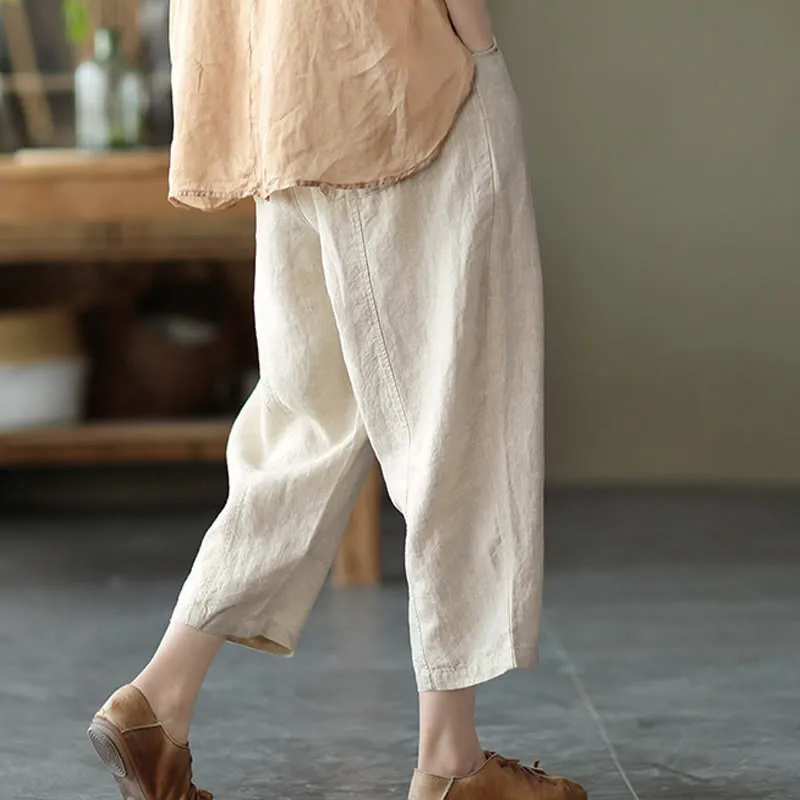 Buddha Stones Summer Casual Splicing Plain Design Cotton Linen Women's Harem Pants With Pockets