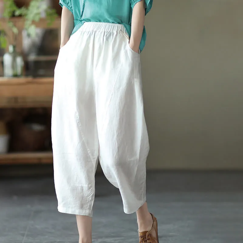 Buddha Stones Summer Casual Splicing Plain Design Cotton Linen Women's Harem Pants With Pockets