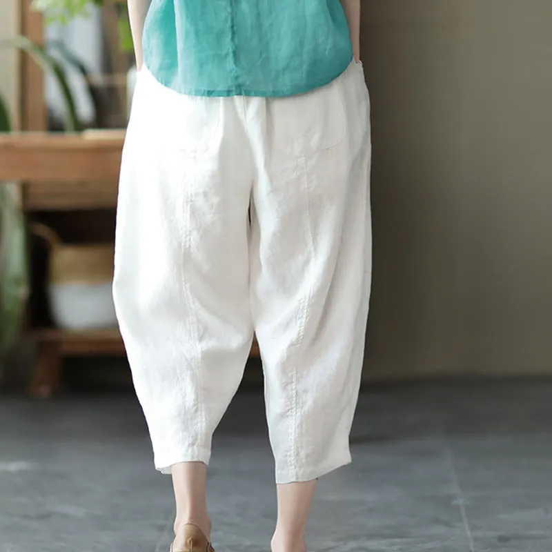 Buddha Stones Summer Casual Splicing Plain Design Cotton Linen Women's Harem Pants With Pockets