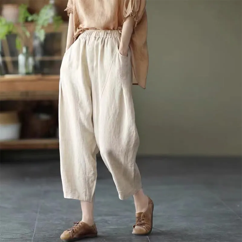 Buddha Stones Summer Casual Splicing Plain Design Cotton Linen Women's Harem Pants With Pockets