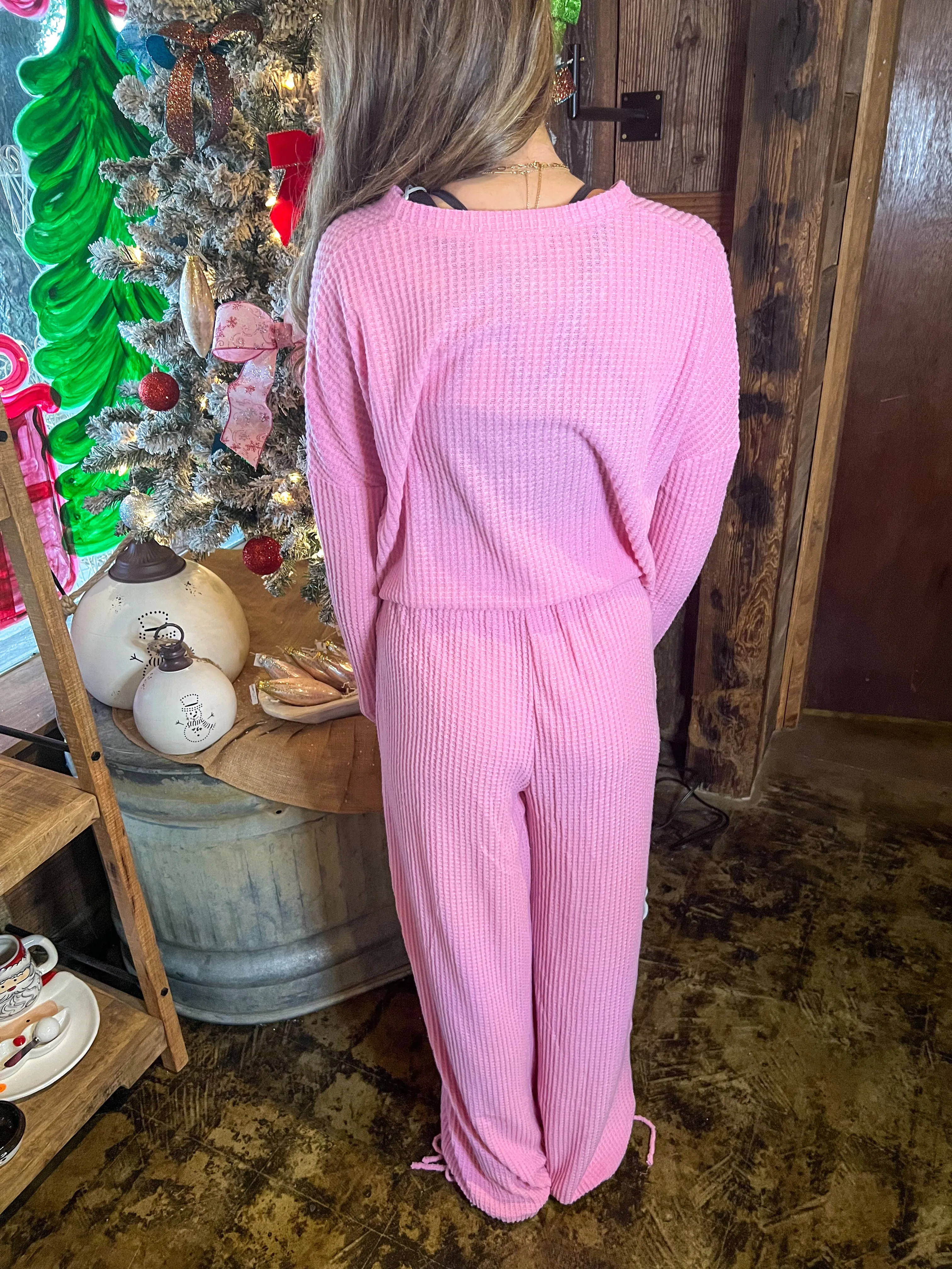 Button-Front Top and Pants Set (Pink)