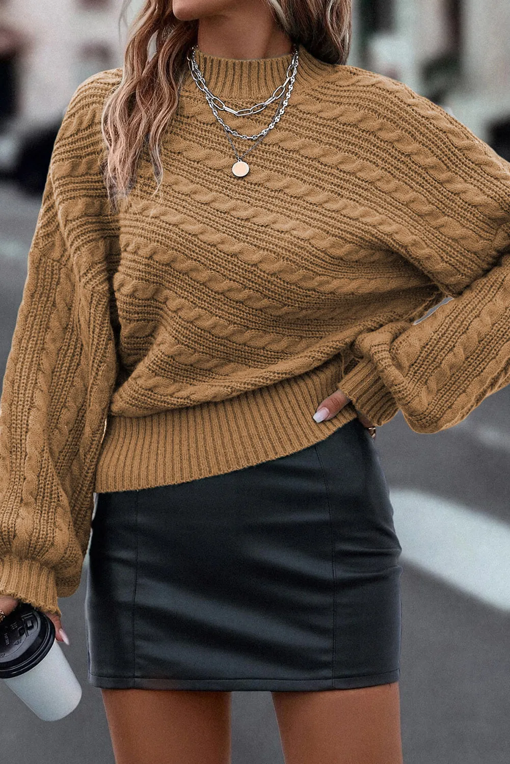 Camel Mock Neck Lantern Sleeve Cable Knit Sweater
