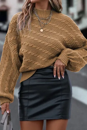 Camel Mock Neck Lantern Sleeve Cable Knit Sweater
