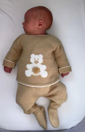 Camel With White Teddy Knitted Jumper Pants & Matching Hat Outfit - UNISEX