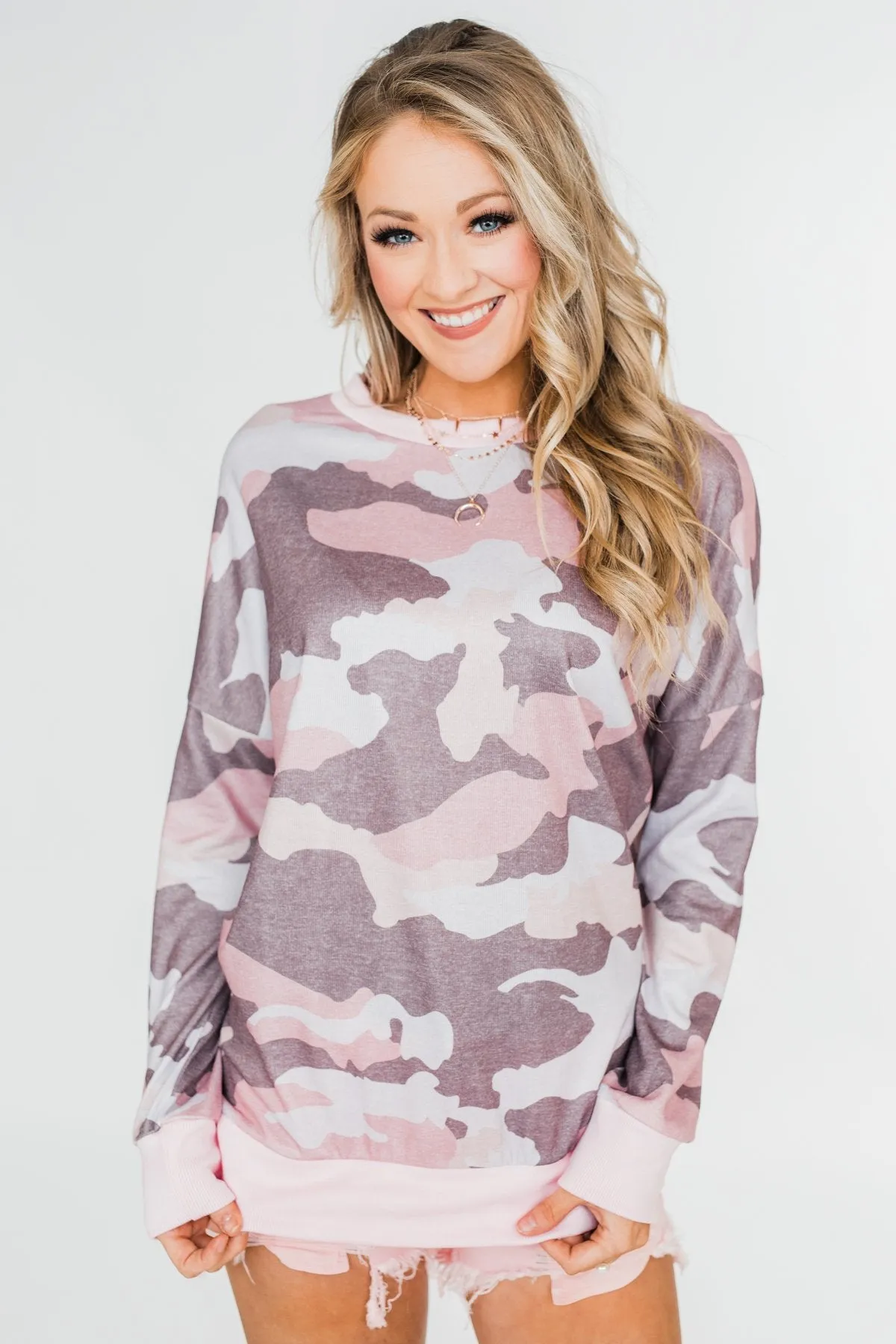 Camo Print Long Sleeve Top- Pink