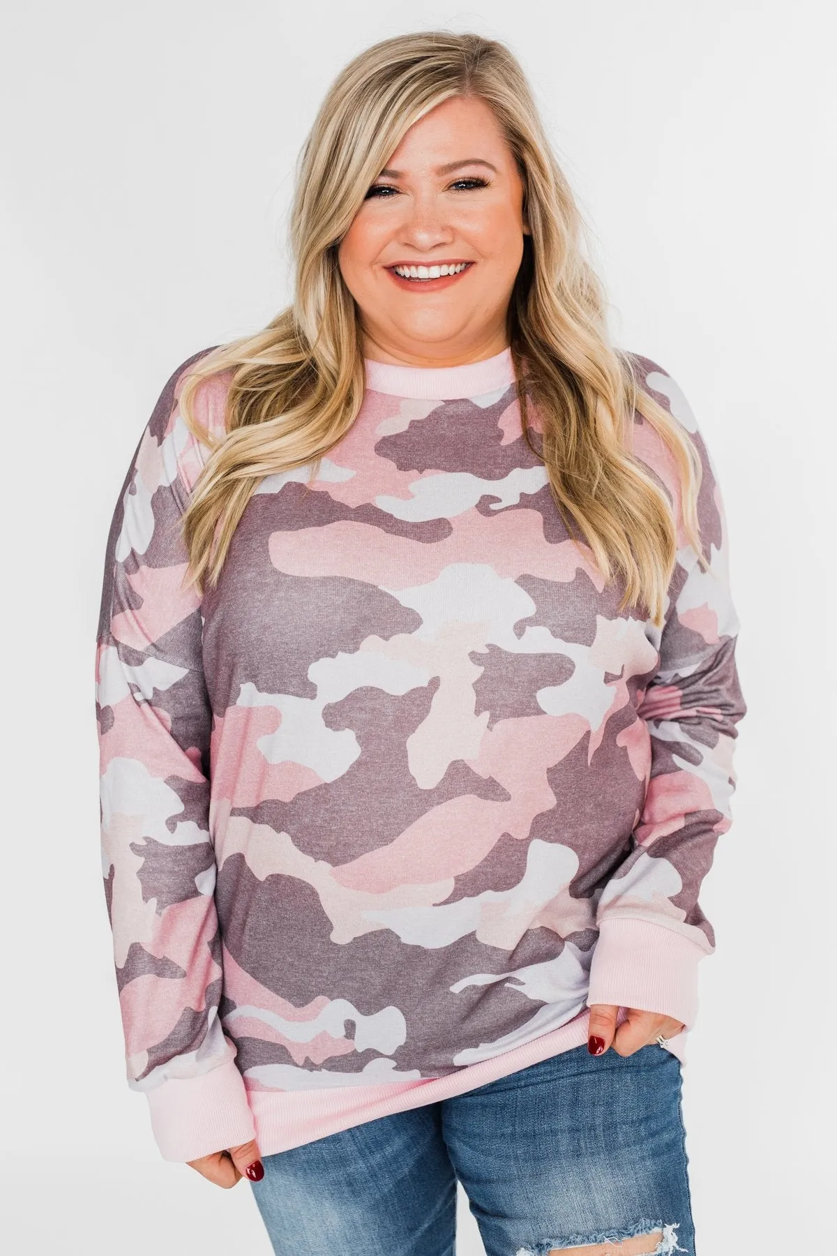 Camo Print Long Sleeve Top- Pink