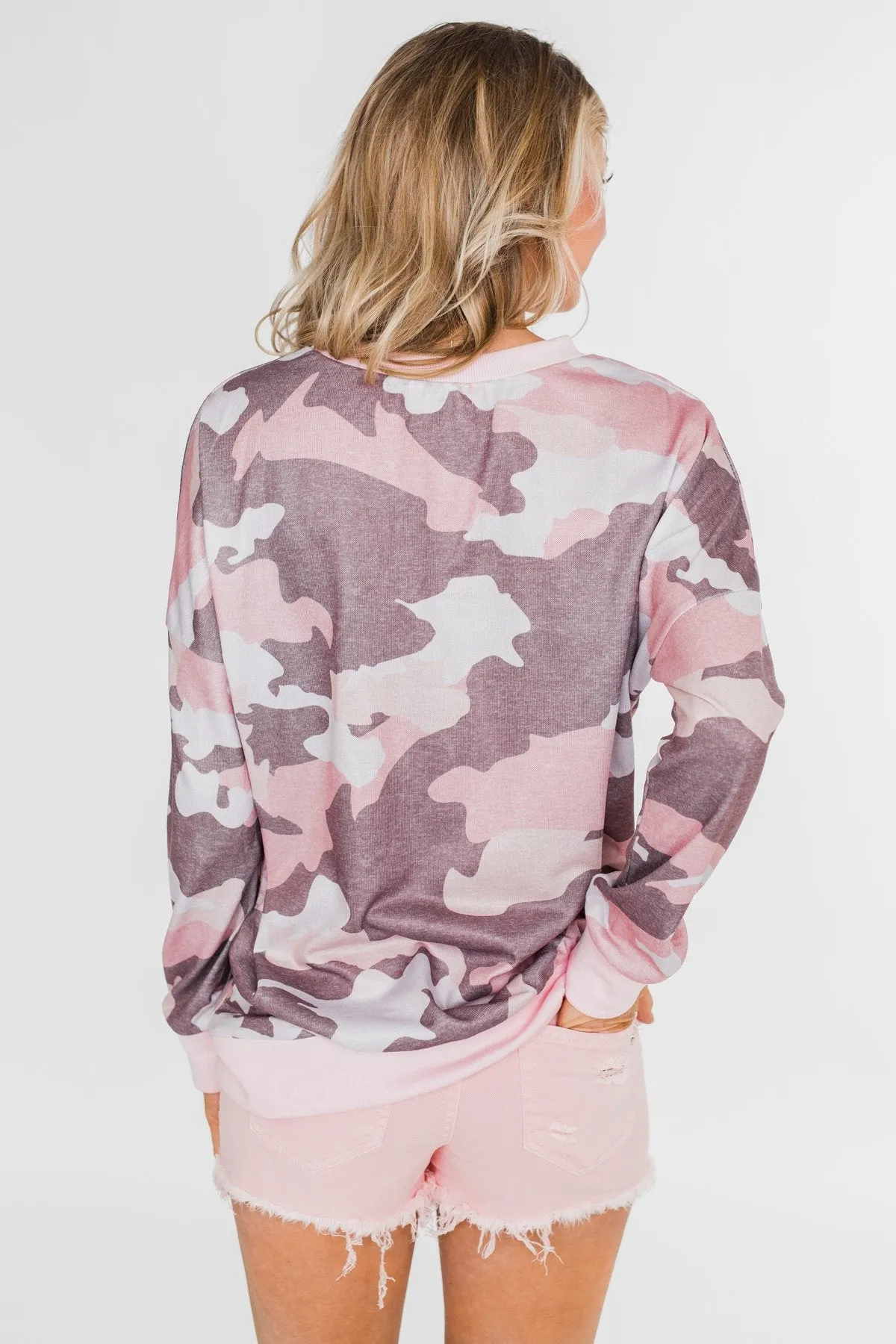 Camo Print Long Sleeve Top- Pink