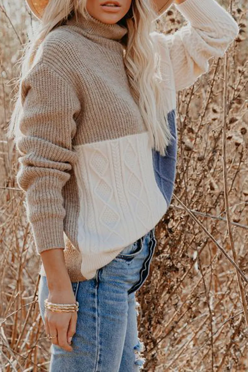 Casual Patchwork Contrast Turtleneck Sweaters