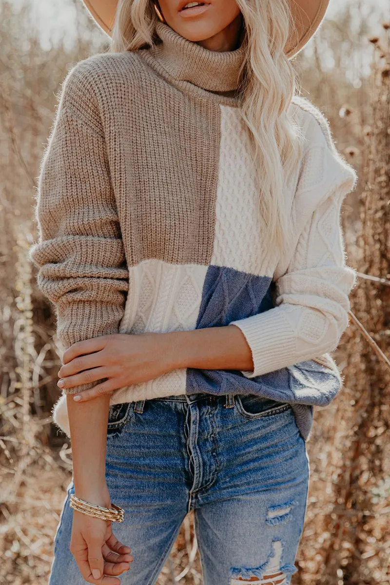 Casual Patchwork Contrast Turtleneck Sweaters