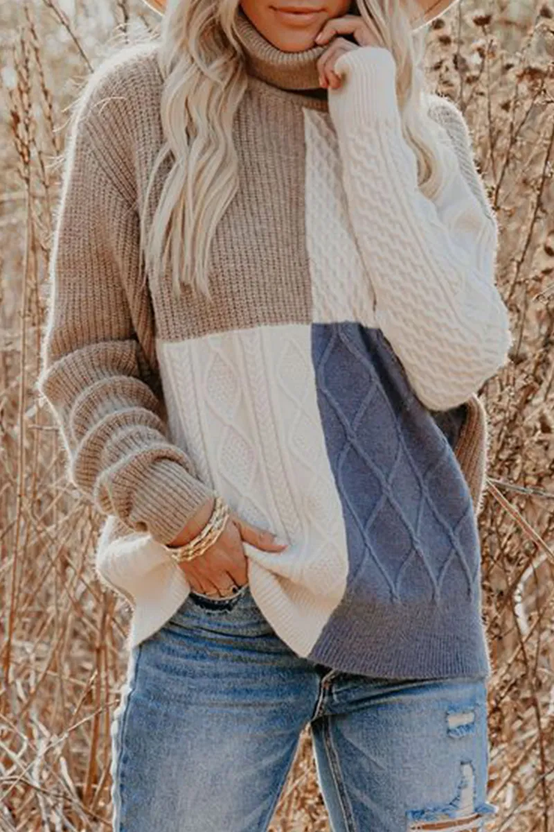 Casual Patchwork Contrast Turtleneck Sweaters