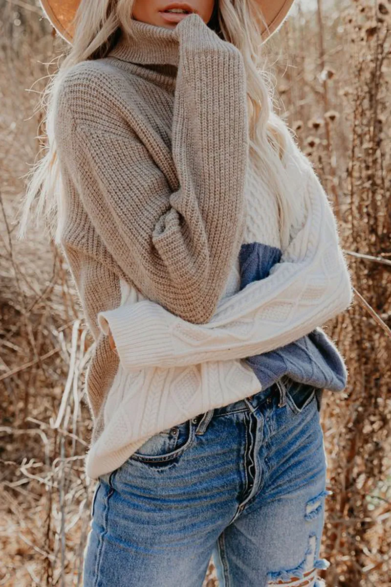 Casual Patchwork Contrast Turtleneck Sweaters