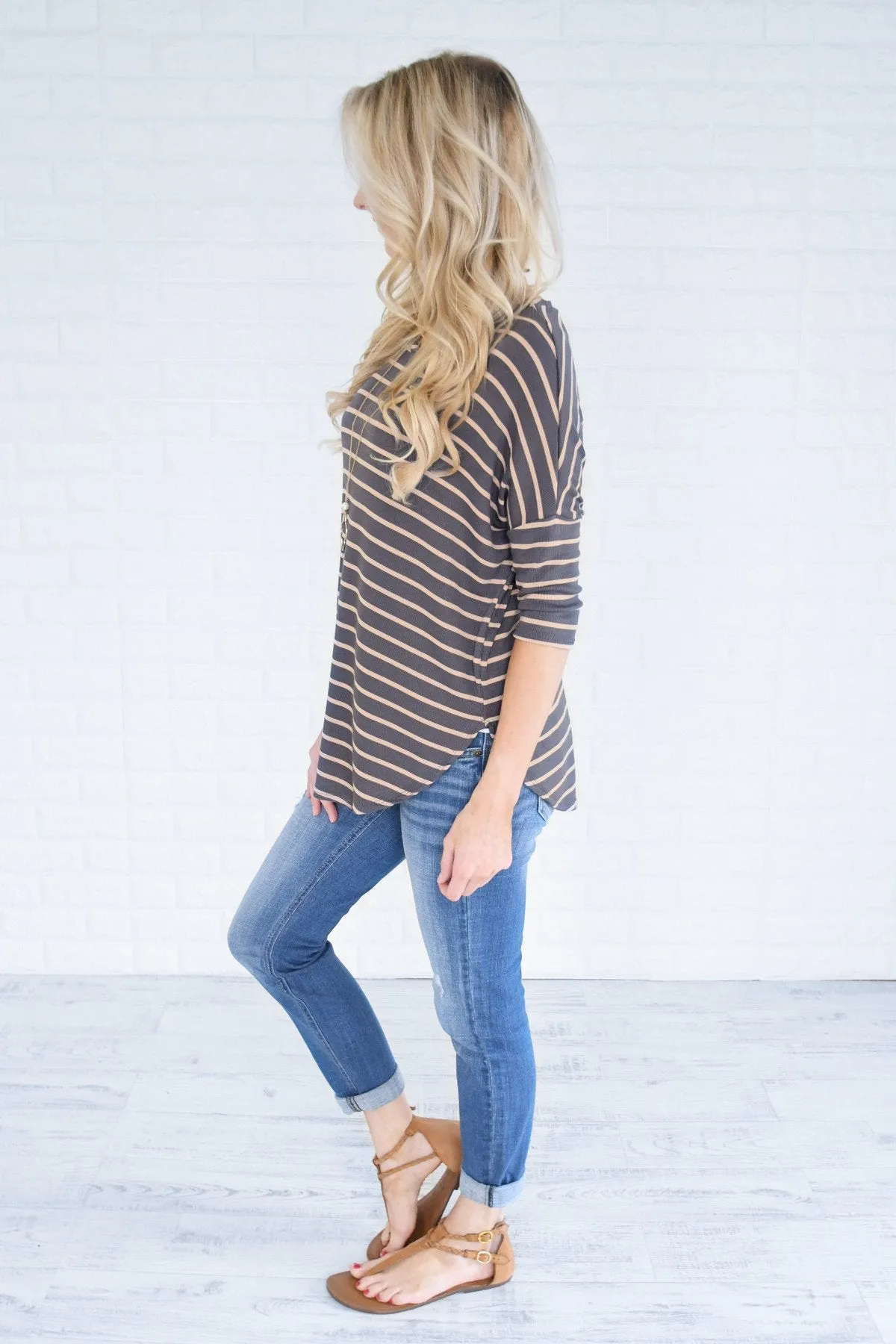 Charcoal & Tan Striped Top