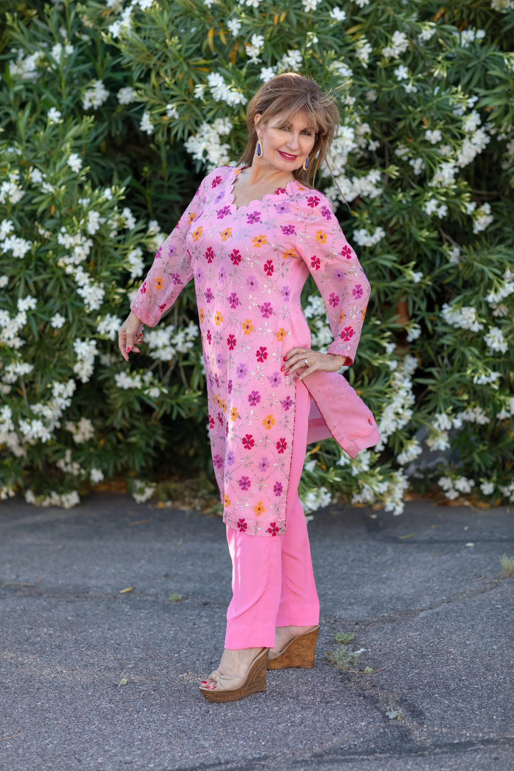 Chiffon Hand Made Embroidery Suit with Silk Pants