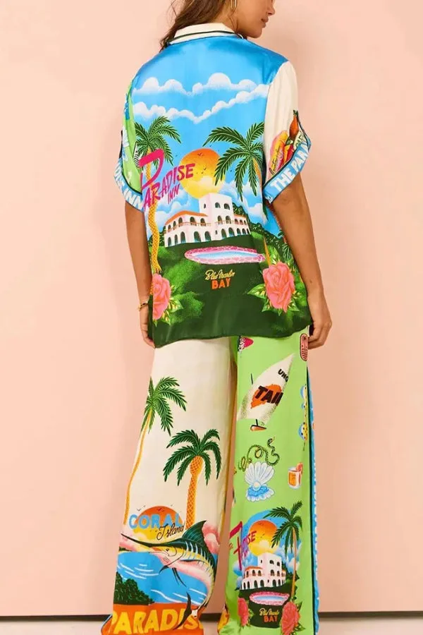Contrast Color Holiday Style Print Two Piece Set