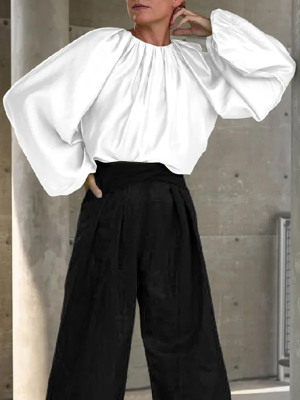 Contrast Color Round-Neck Puff Sleeves Blouse Top   Wide Leg Pants Two Pieces Set