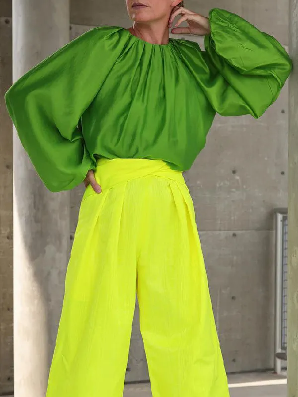 Contrast Color Round-Neck Puff Sleeves Blouse Top   Wide Leg Pants Two Pieces Set
