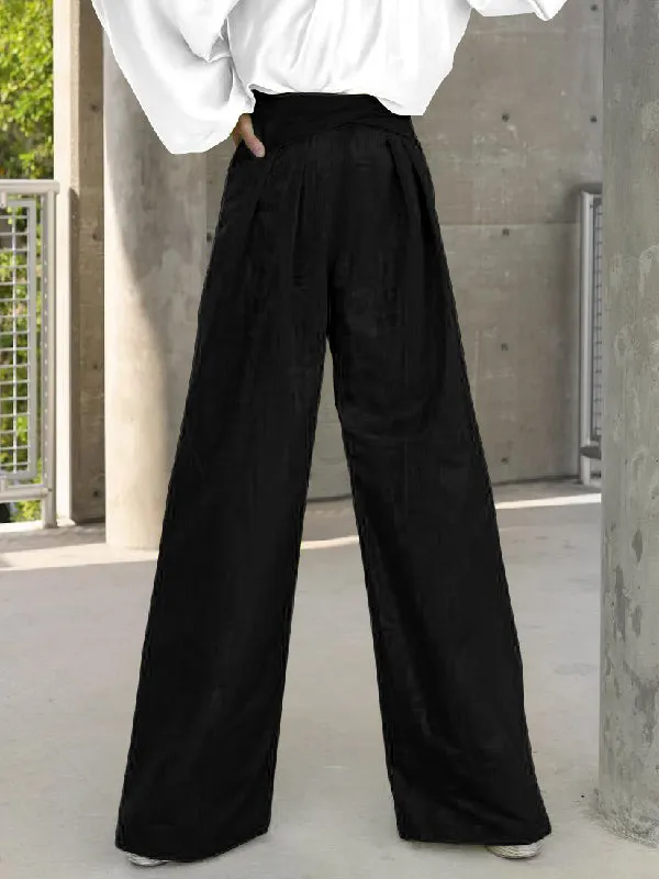 Contrast Color Round-Neck Puff Sleeves Blouse Top   Wide Leg Pants Two Pieces Set
