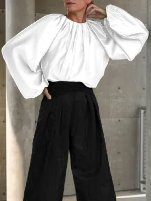 Contrast Color Round-Neck Puff Sleeves Blouse Top   Wide Leg Pants Two Pieces Set