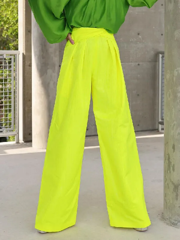 Contrast Color Round-Neck Puff Sleeves Blouse Top   Wide Leg Pants Two Pieces Set