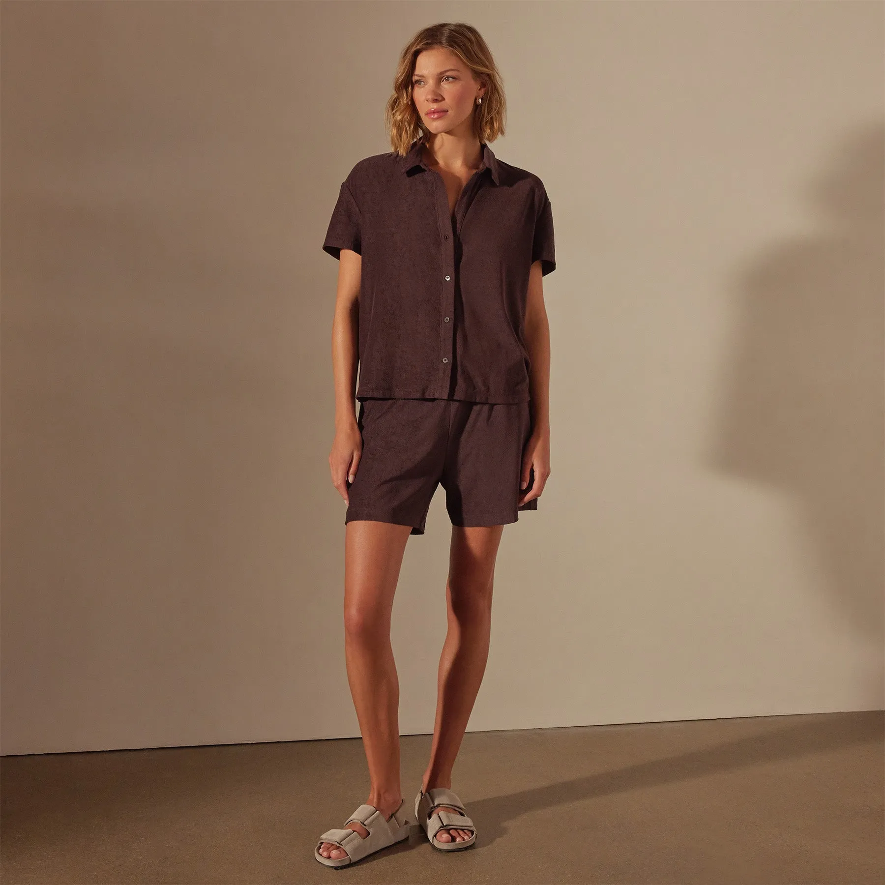 Cotton Terry Placket Short Sleeve - Mahogany