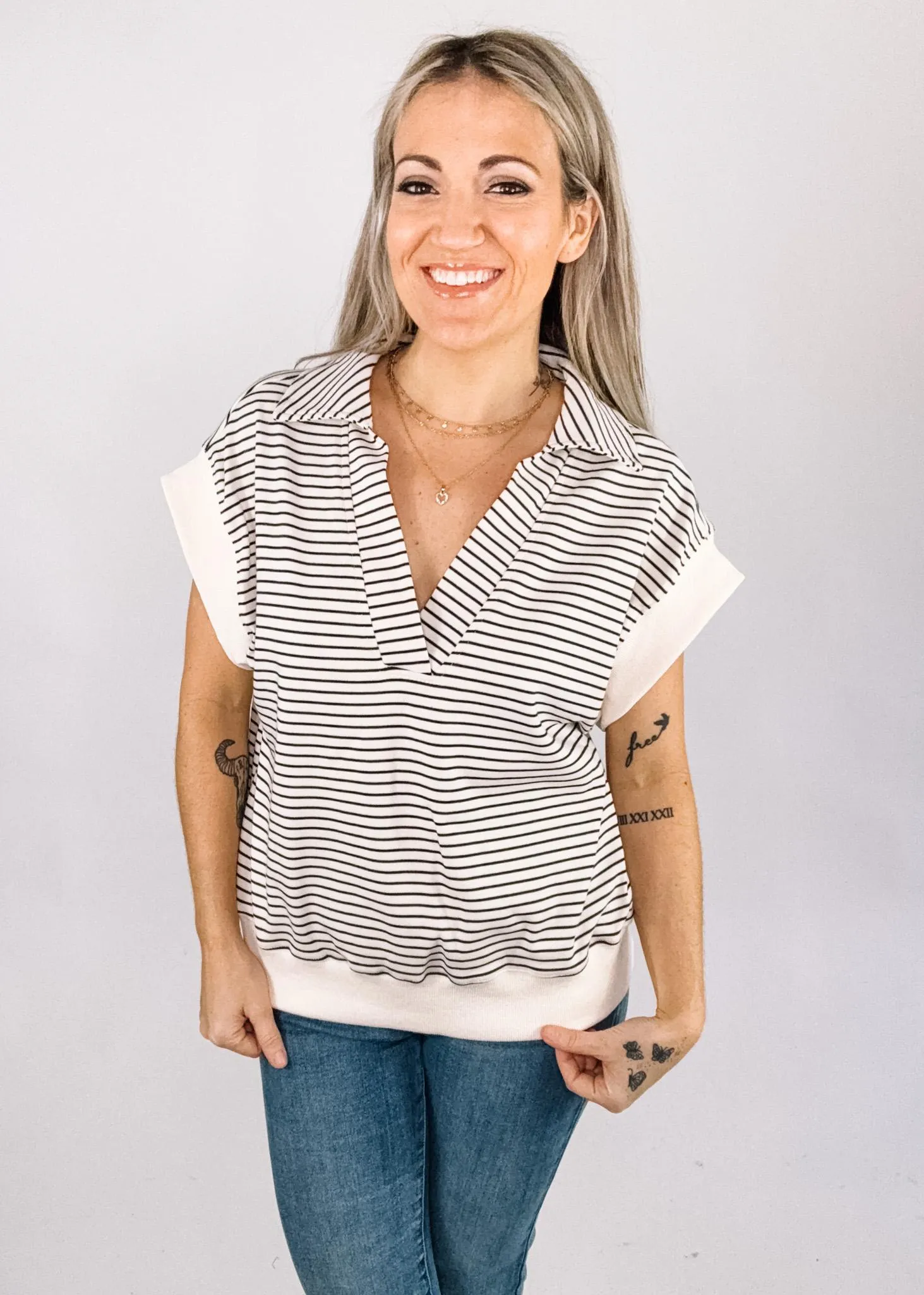 Cream and Black Micro Stripe Collar Top
