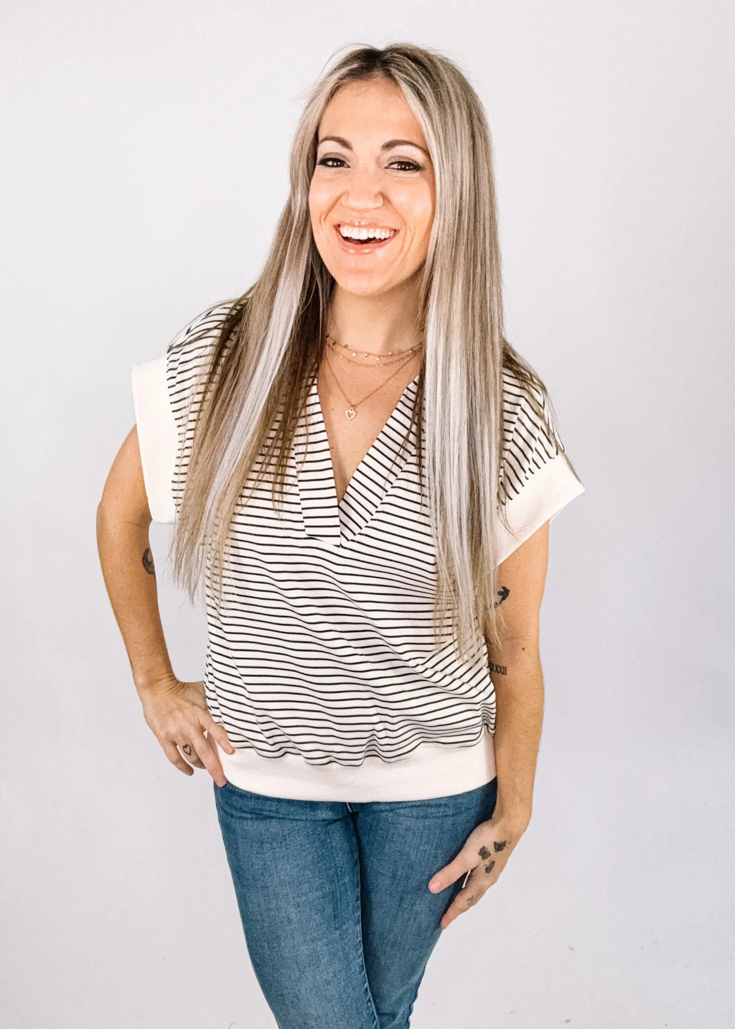 Cream and Black Micro Stripe Collar Top