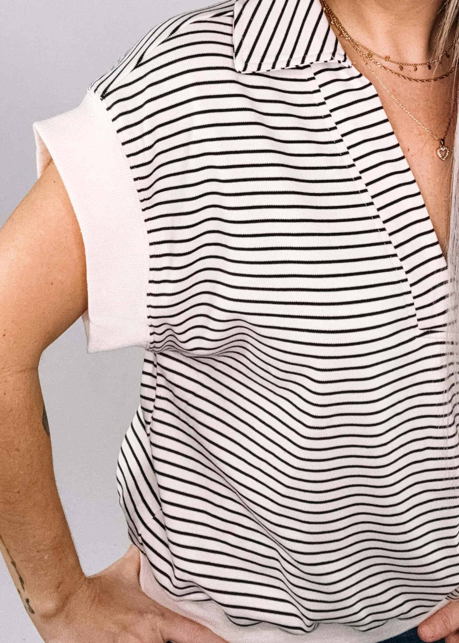 Cream and Black Micro Stripe Collar Top