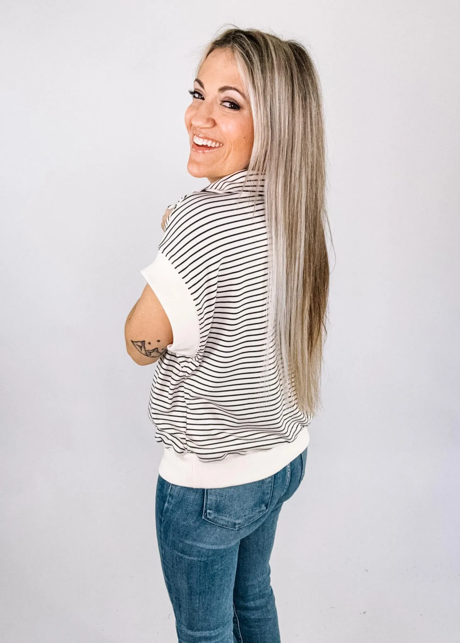 Cream and Black Micro Stripe Collar Top